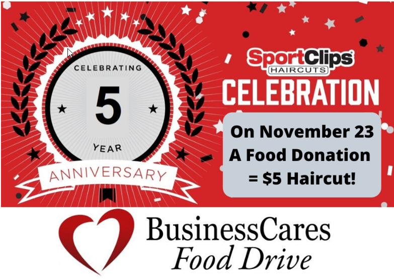 An image of a fifth-anniversary logo for SportsClips, announcing its Nov. 23 fundraiser. 